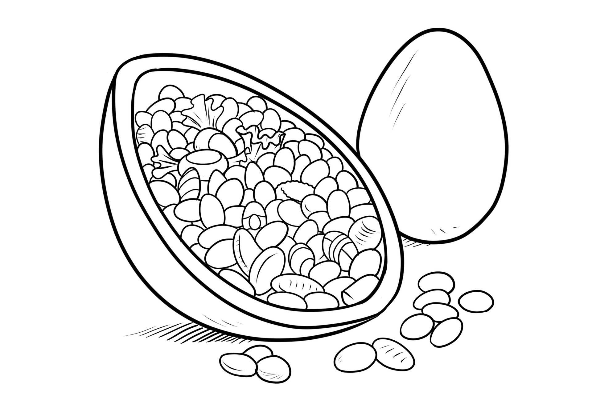Denna festliga målarbild av ett påskägg visar ett ihåligt chokladskal som svämmar över av läckert godis för barn att dekorera.