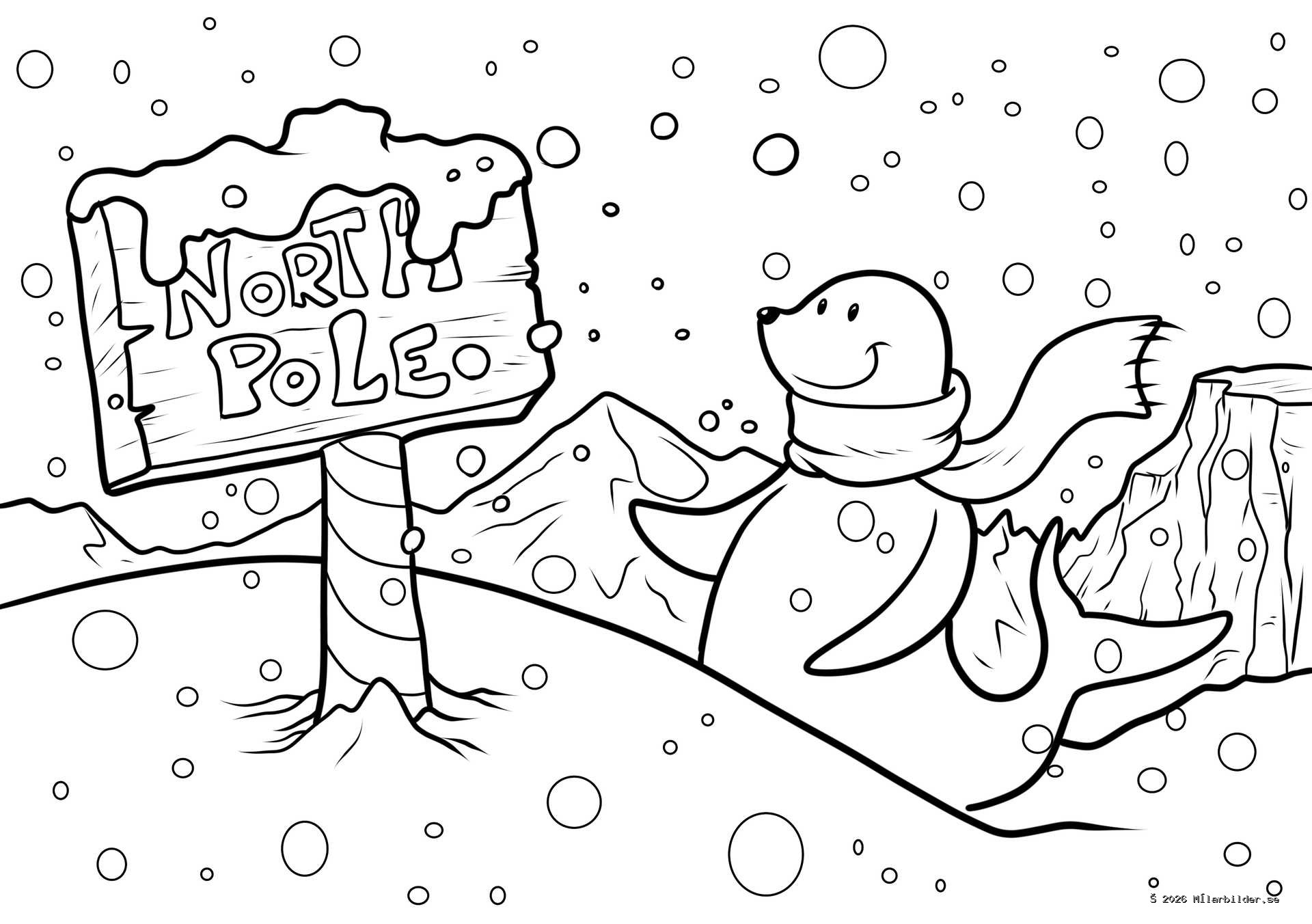 Följ med på ett vinteräventyr med vår målarbild av en glad arktisk säl vid Nordpolen. Färglägg den snötäckta skylten och den mysiga sjalen!