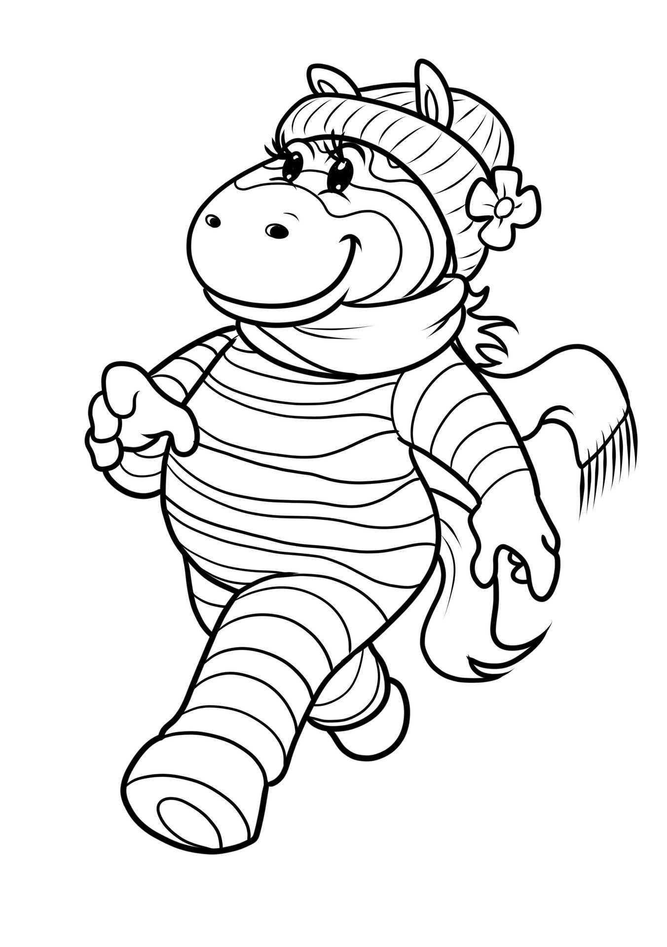 Denna söta målarbild med en vinterzebra visar en stilig djurfigur klädd i varma lager för en rolig säsongspromenad.