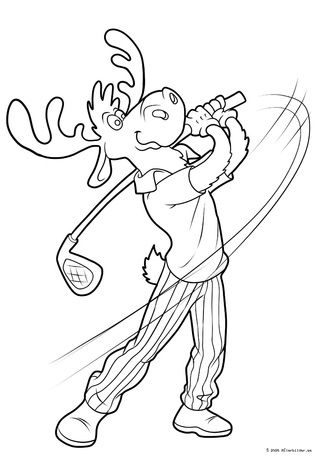 Färglägg en rolig målarbild med en älg som spelar golf. Perfekt för barn som älskar sport, djur och kreativa utomhusäventyr.