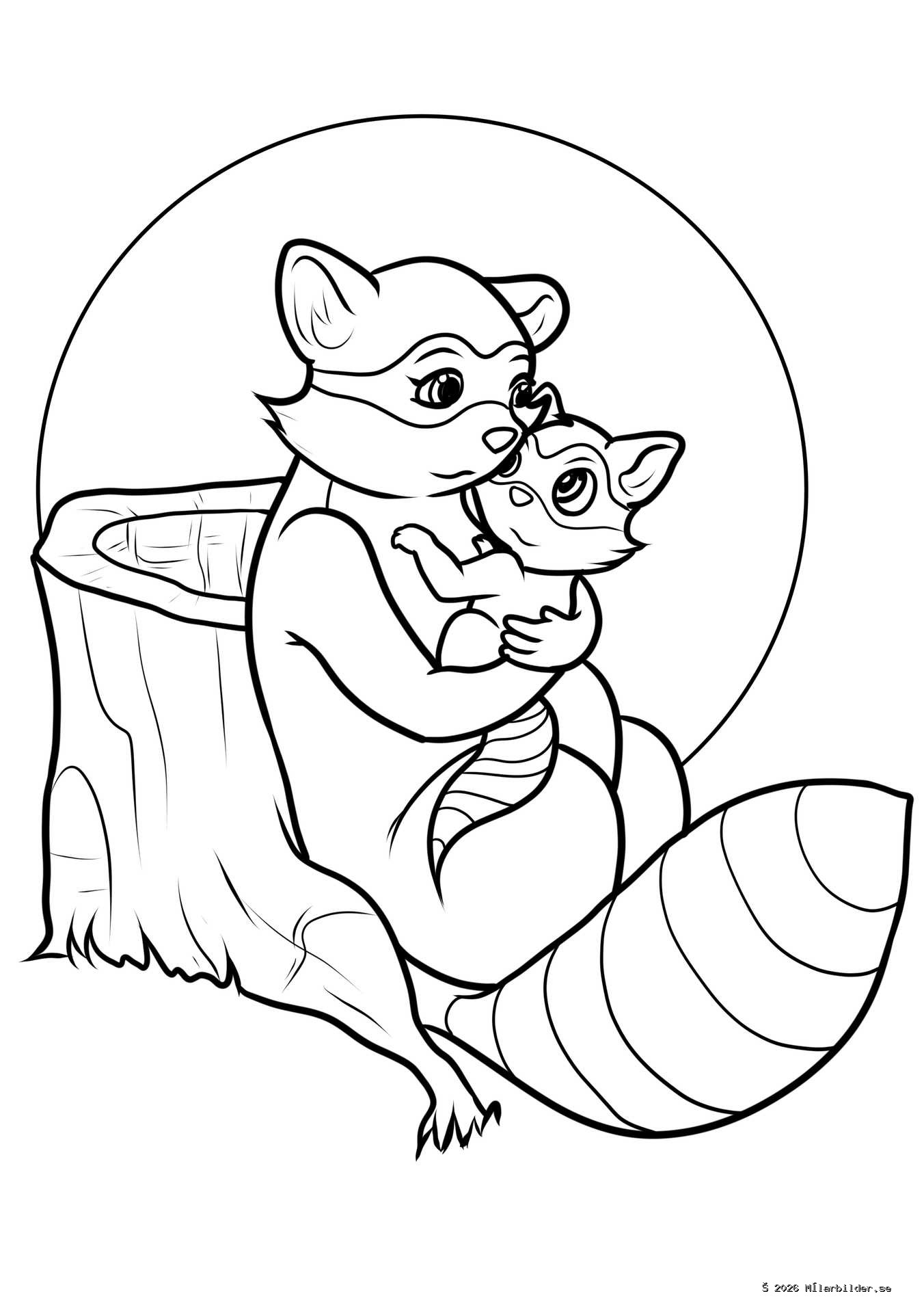 Färglägg en söt målarbild med en mamma- och babytvättbjörn som kramas. Perfekt för barn som älskar skogens djur och mysiga naturmotiv.