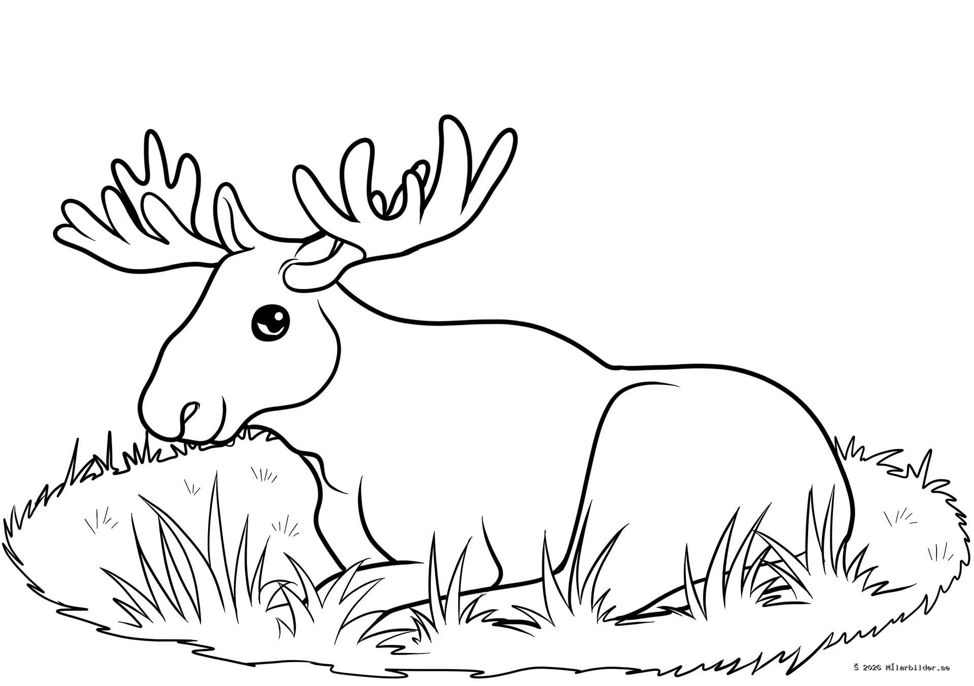 Njut av en lugn eftermiddag med denna målarbild av en vilande älg. Ett majestätiskt skogsdjur vilar i en grön äng, perfekt för barn att färglägga.