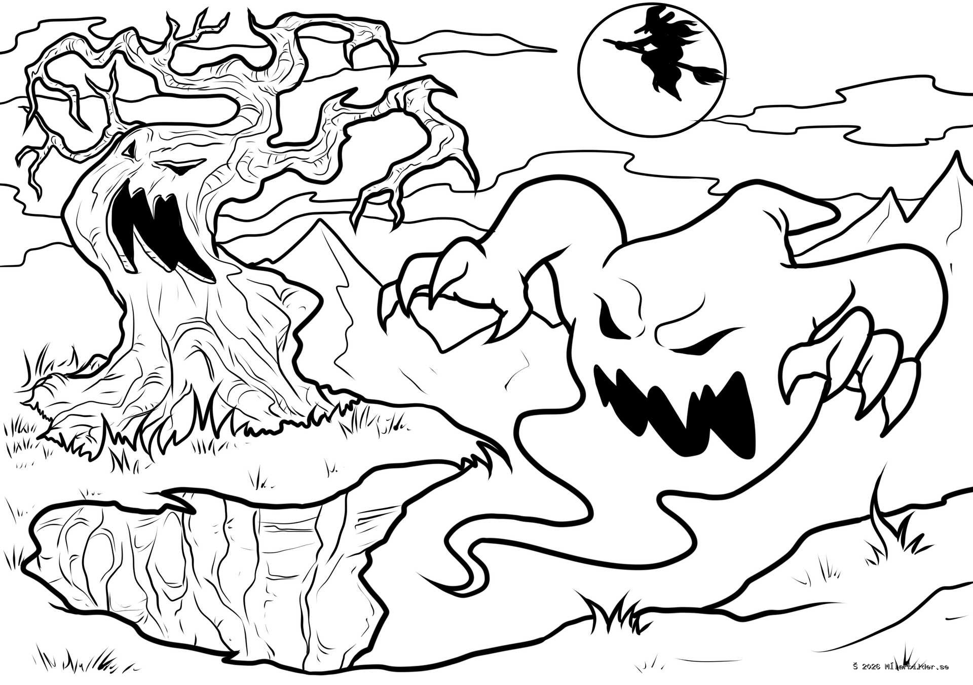 Bli kreativ med denna spöklika målarbild! Ett hemsökt träd, ett flygande spöke och en häxa under fullmånen. Perfekt för Halloween-kul!
