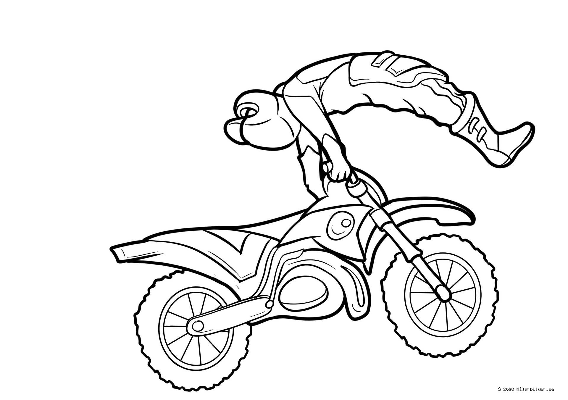 Gör dig redo för action med vår målarbild av ett motocross-stunt! Perfekt för barn som älskar crossmotorcyklar, extremsport och spännande hopp.