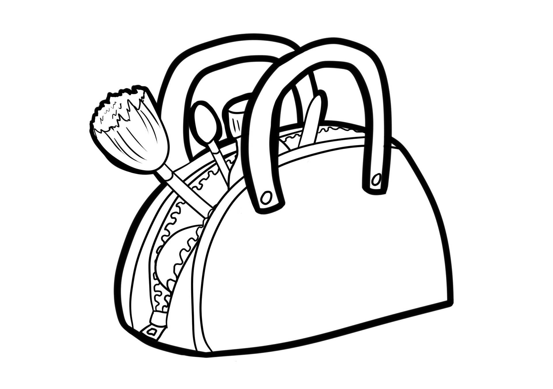 Denna målarbild av en sminkväska visar en mängd skönhetsaccessoarer och borstar som barn kan dekorera med sina favoritfärger.